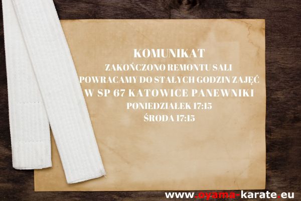 KOMUNIKAT ZE WZGLĘDU REMONTU SALI ZMIANIE ULEGAJĄ GODZINY ZAJĘĆ W SP 67 KATOWICE PANEWNIKI PONIEDZIAŁEK 18_00 ŚRODA 17_15